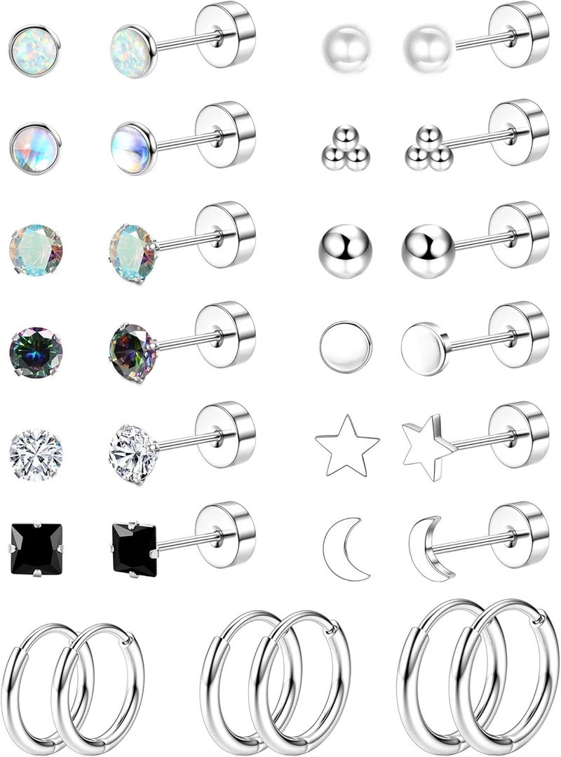 Jstyle Hypoallergenic Flat Back Stud Earrings for Women Men Surgical Stainless Steel Earrings for Sensitive Ears Small Stud Hoop Silver Gold Black Earrings Cartilage Earring Set for Multiple Piercing - Image 1